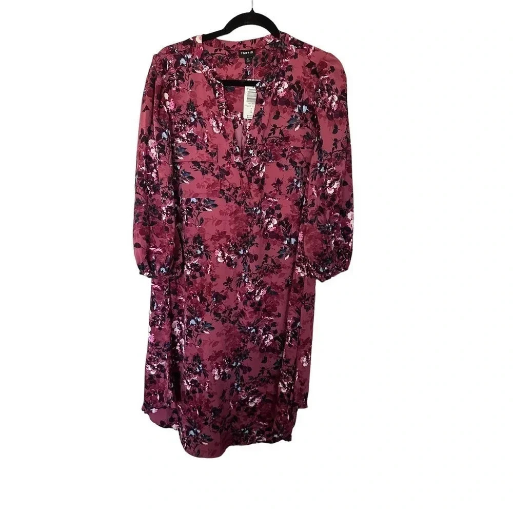 NWT Torrid Pink Floral‎ Print Long Sleeve Split Neck Shift Dress Size Large